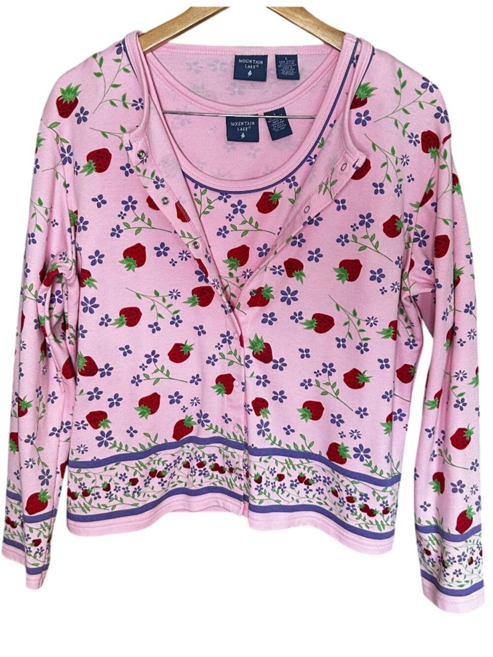 Mountain Lake Pink Strawberry Twin Set Large Cardigan Sweater Set Cottagecore